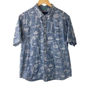 Tommy Bahama Camp Shirt 100% Cotton Sea Creatures Button Up Blue White Mens L